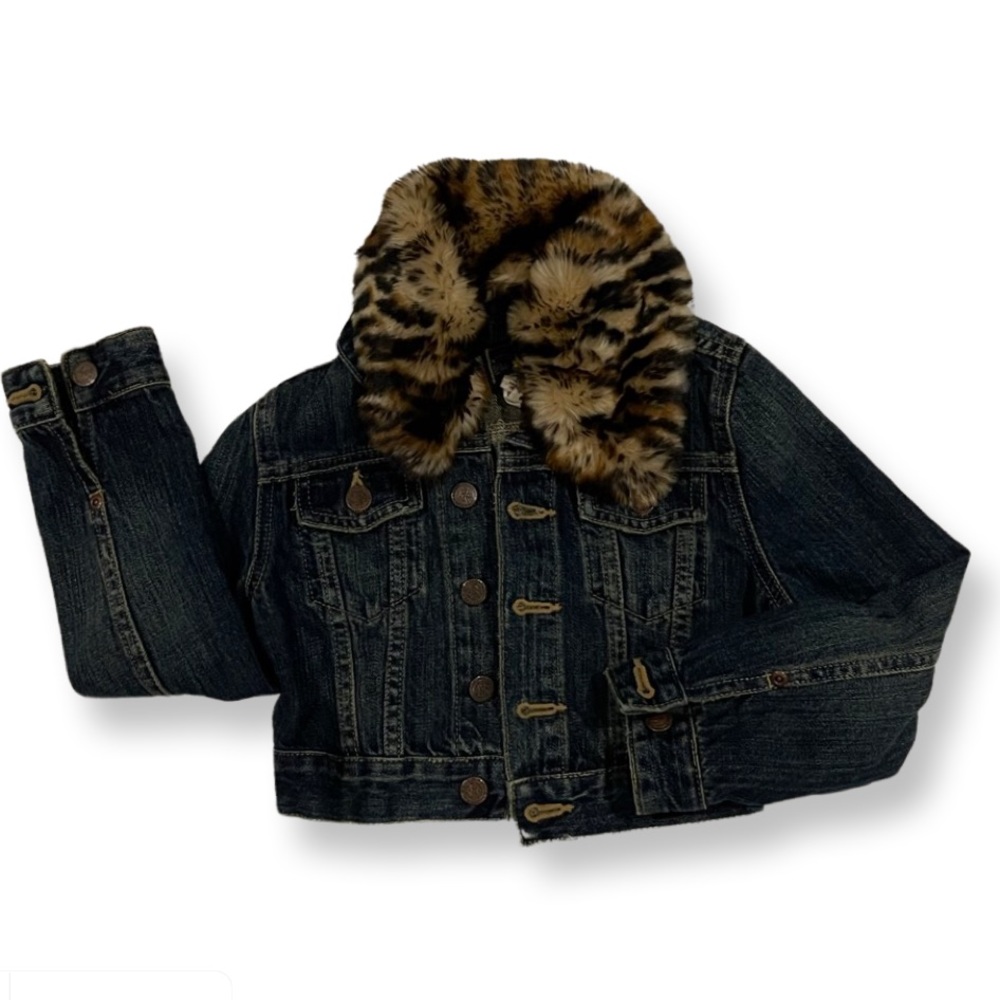 Ralph Lauren Polo Girls Cropped Denim Faux Cheetah Fur Trim Jacket  Sz5